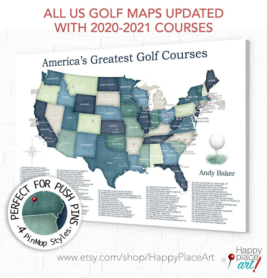 Personalized Golf Map with Push Pin Canvas (Top 100 USA Courses)